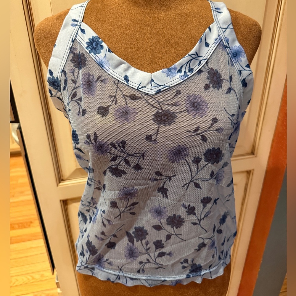 VTG Sheer Floral Mesh Blue Women's Tank Top boho festival